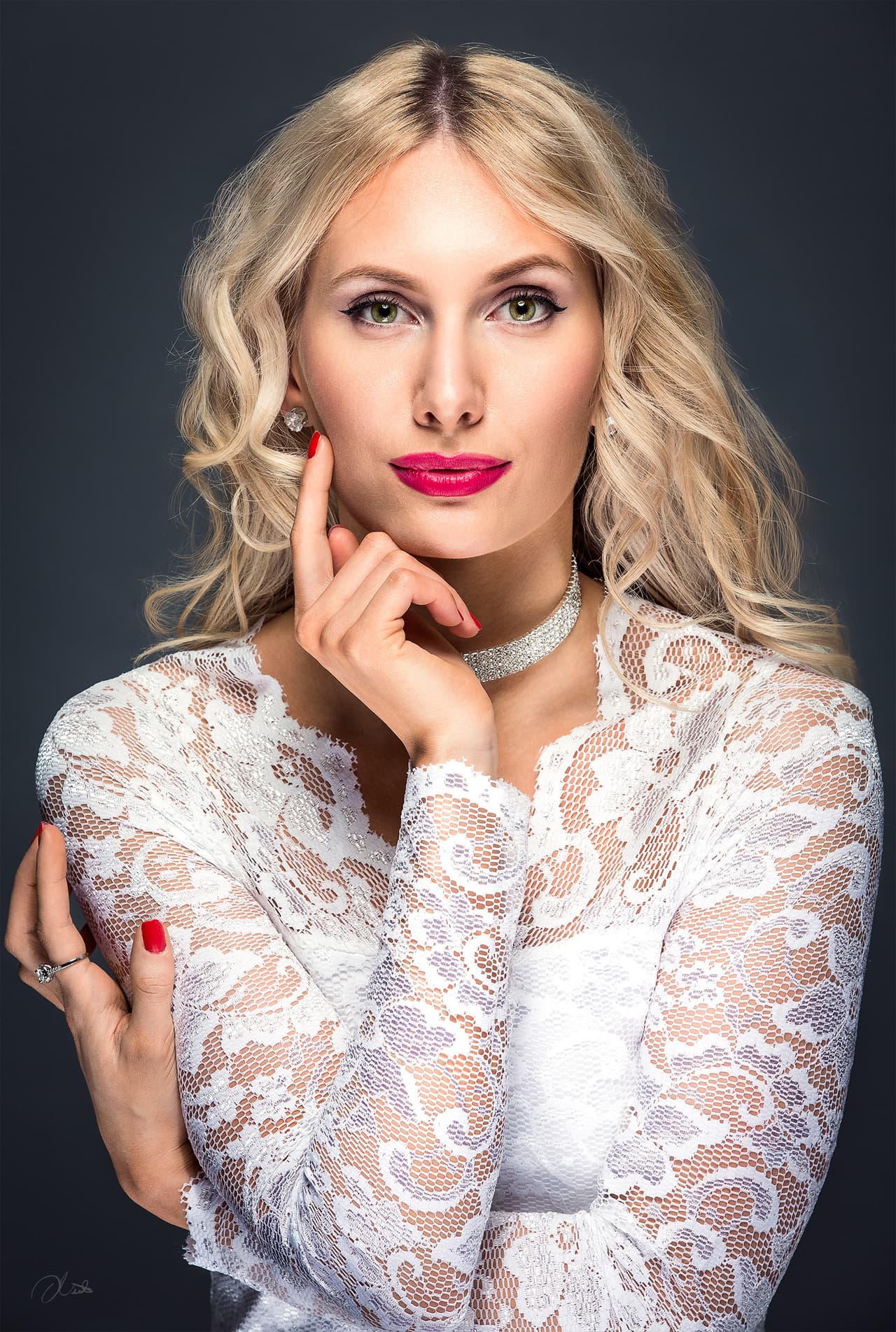 A portrait of a woman with red lipstick