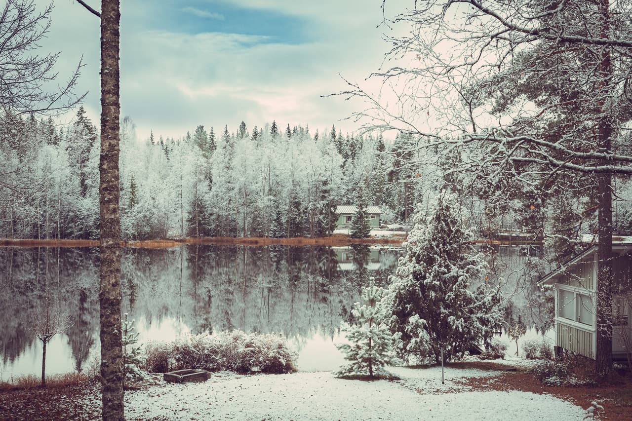 View from cottage to a lake in the winter