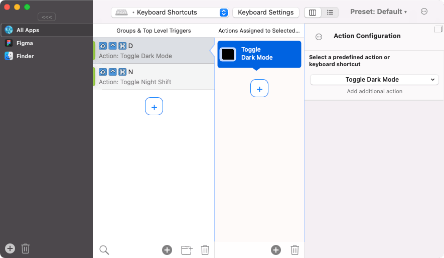 Using Better Touch Tool macOS app to toggle dark mode